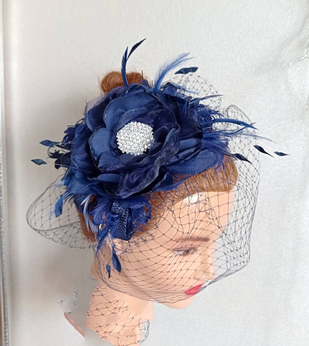 EXTRA SALE Navy Blue Fascinator, Navy Blue Birdcage Veil, Navy Blue