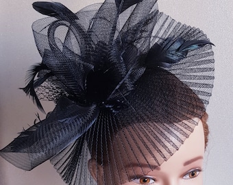 Black Kentucky Derby Hat. Black Fascinator. Wedding Hat, Couture Bridal Hat. Black Bridal Hat, Black Birdcage Veil, Black Wedding Fascinator