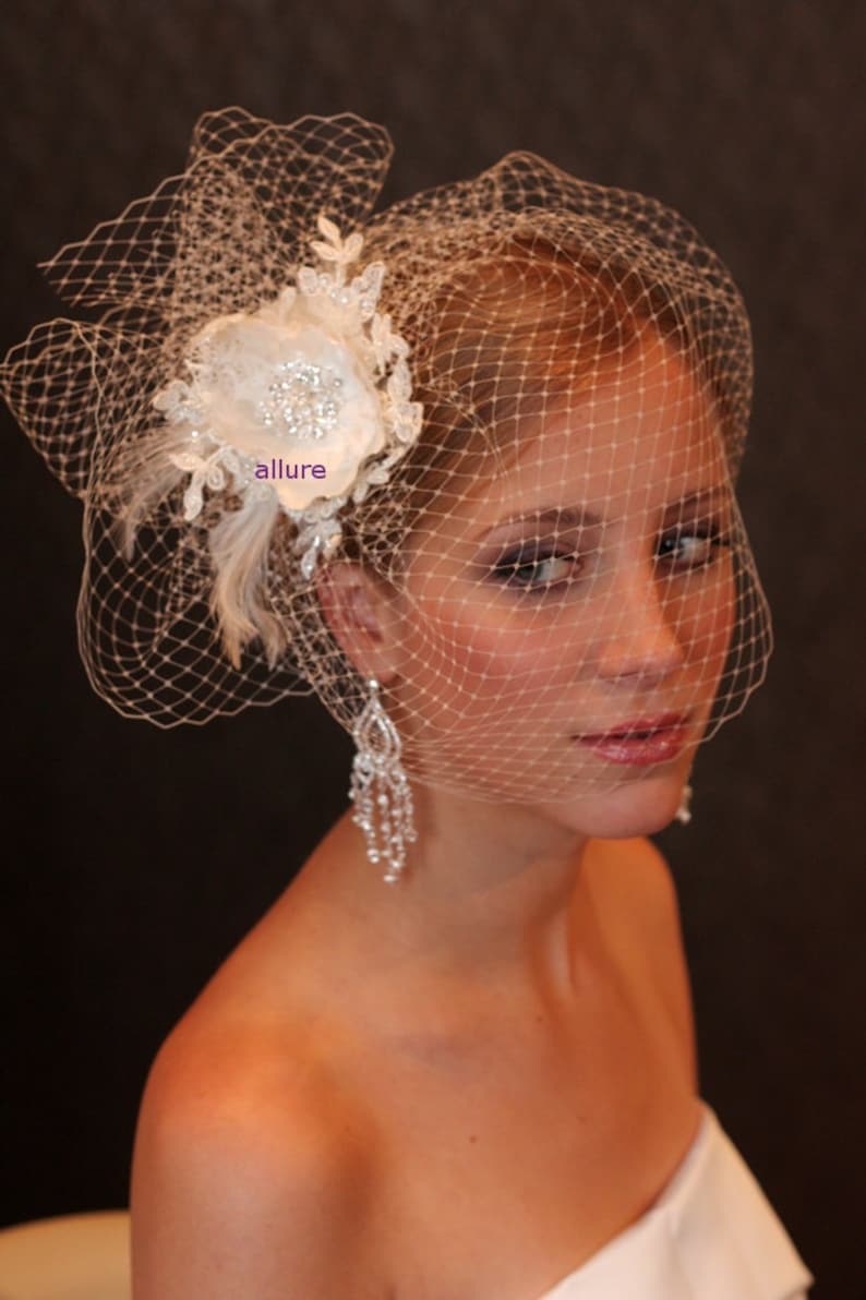 Fabulous BIRD CAGE VEIL , wedding hat, bridal hat. Amazing fascinator, hair flowers, lace, pearls, crystals, feathers. image 2