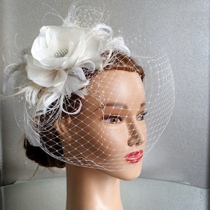 Wedding Head Piece with Flower, Feathers and Crystal Rhinestones french net, white,ivory or champagne