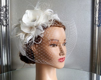 BIRDCAGE VEIL vintage style wedding headdress. Ivory, champagne  wedding hat,bridal hat. Amazing fascinator, hair flower, feathers.