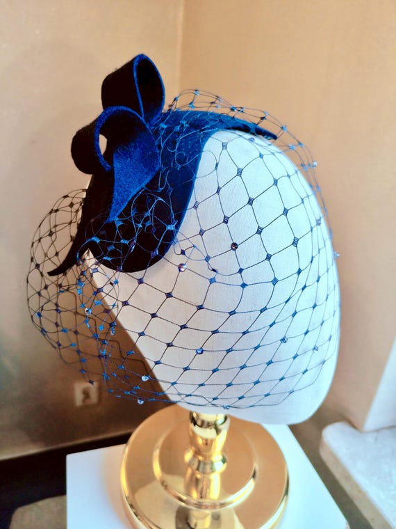 Navy Blue Bridal Fascinator With Veil and Bow – Luxury  display picture 1