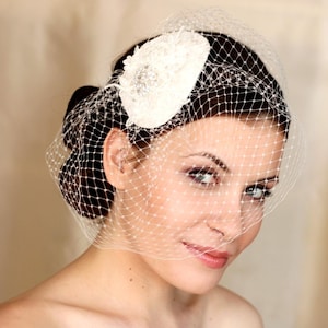 Wedding Ivory Birdcage Veil. Lace Bridal Headpiece with veil on Comb. Wedding lace fascinator with veil on headband. Wedding Headpiece veil