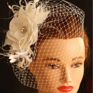 Birdcage veil with amazing fascinator, hair flower, feathers. Custom order for Eboni only