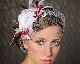 PROMO week! white red BIRDCAGE VEIL , Bridal Head Piece,  Bridal Fascinator, Wedding Silk Flower, Bridal Flower Hairclip, wedding headpiece