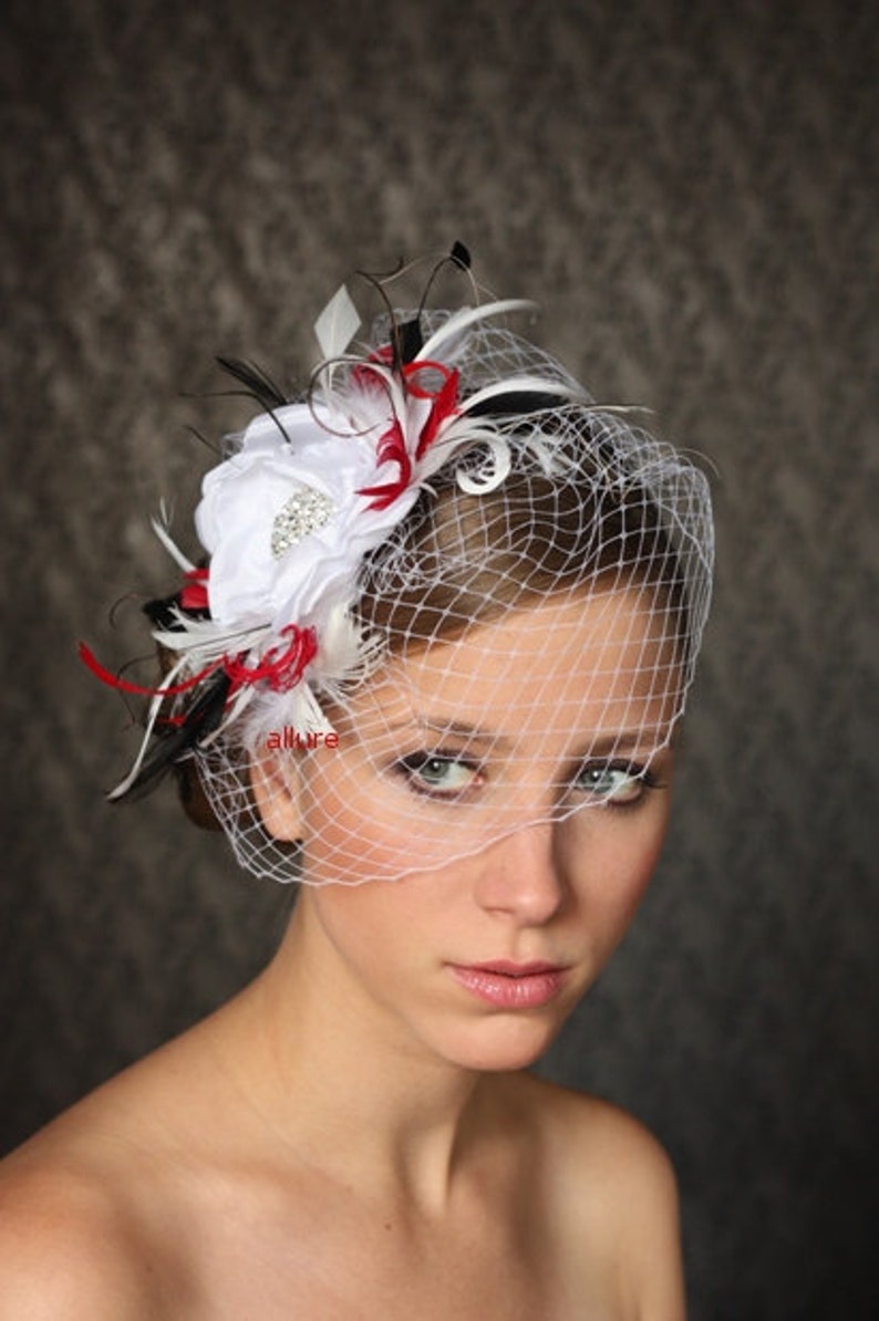 white red black wedding BIRDCAGE VEIL, Bridal Head Piece, Bridal Fascinator, Wedding Silk Flower, Bridal Flower Hairclip, wedding headpiece image 1