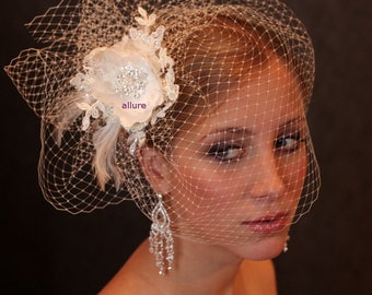 Fabulous BIRD CAGE VEIL , wedding hat, bridal hat. Amazing fascinator, hair flowers, lace, pearls, crystals, feathers.