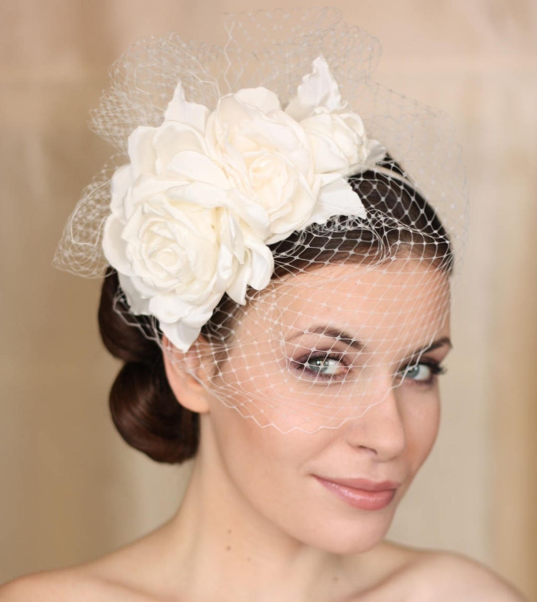 SALE White Wedding Birdcage Veil With White Wedding Flowers Fascinator