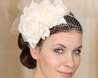 Wedding Birdcage veil, wedding hair flower, fabulous wedding ivory flower headdress, wedding ivory birdcage veil with  big hair flowers