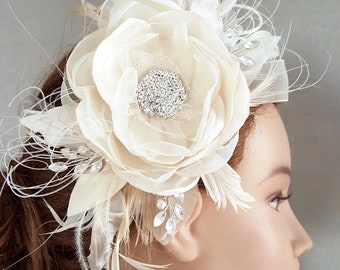 Fabulous BIRD CAGE VEIL , wedding hat, bridal hat. Amazing fascinator, hair flowers, lace, pearls, crystals, feathers.