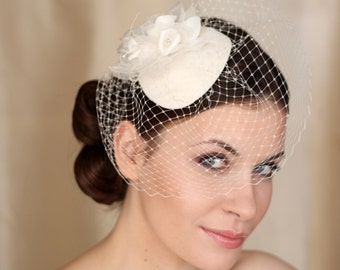 Ivory BIRDCAGE VEIL , ivory wedding hat, ivory birdcage veil fabulous headdress, ivory bridal hat with birdcage veil.