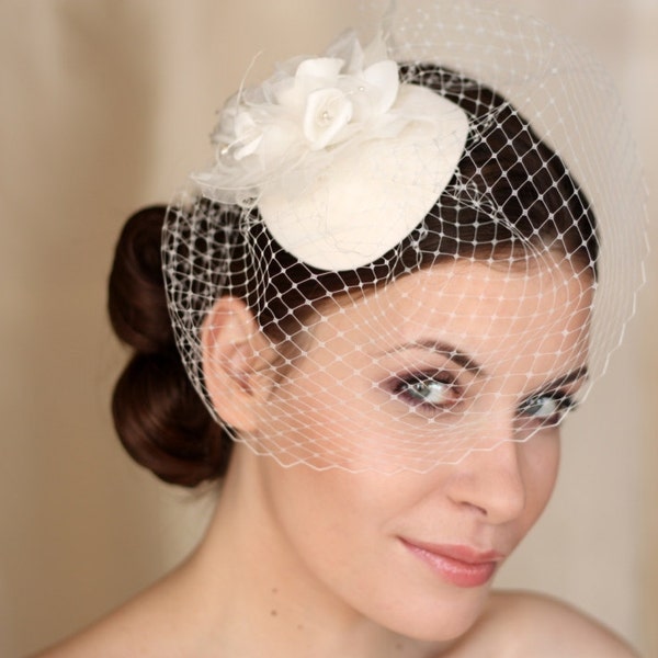 Ivory BIRDCAGE VEIL , ivory wedding hat, ivory birdcage veil fabulous headdress, ivory bridal hat with birdcage veil.