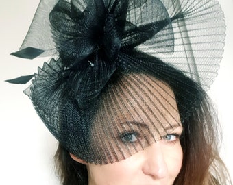 Black Wedding Hat, Couture Bridal Hat. Black Bridal Hat, Wedding Birdcage Veil, Wedding Headpiece, Black Wedding Fascinator