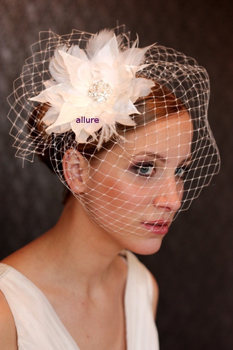 Wedding BIRDCAGE VEIL, Bridal Veil, Feather Flower, Ivory Feather
