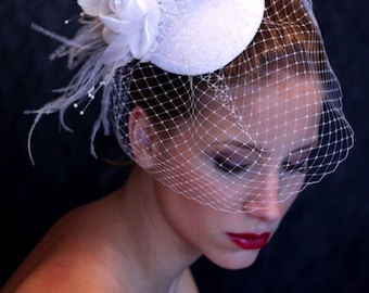 White birdcage veil, White WEDDING HAT with white bridal birdcage veil, beautifull white headpiece, bridal hat, white wedding veil