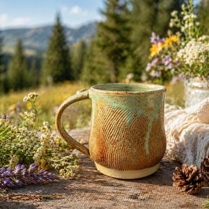 May include: A handmade ceramic mug with a textured, ridged design. The mug features a brown base with a green top and handle. The mug is sitting on a wooden surface with flowers and pine cones in the background.