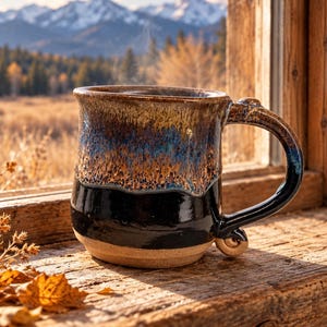 May include: A ceramic mug with a glossy finish featuring a gradient of deep black at the base, transitioning into a textured blue and metallic bronze glaze at the top. The mug has a curved handle with a small, coiled decorative accent at the base.