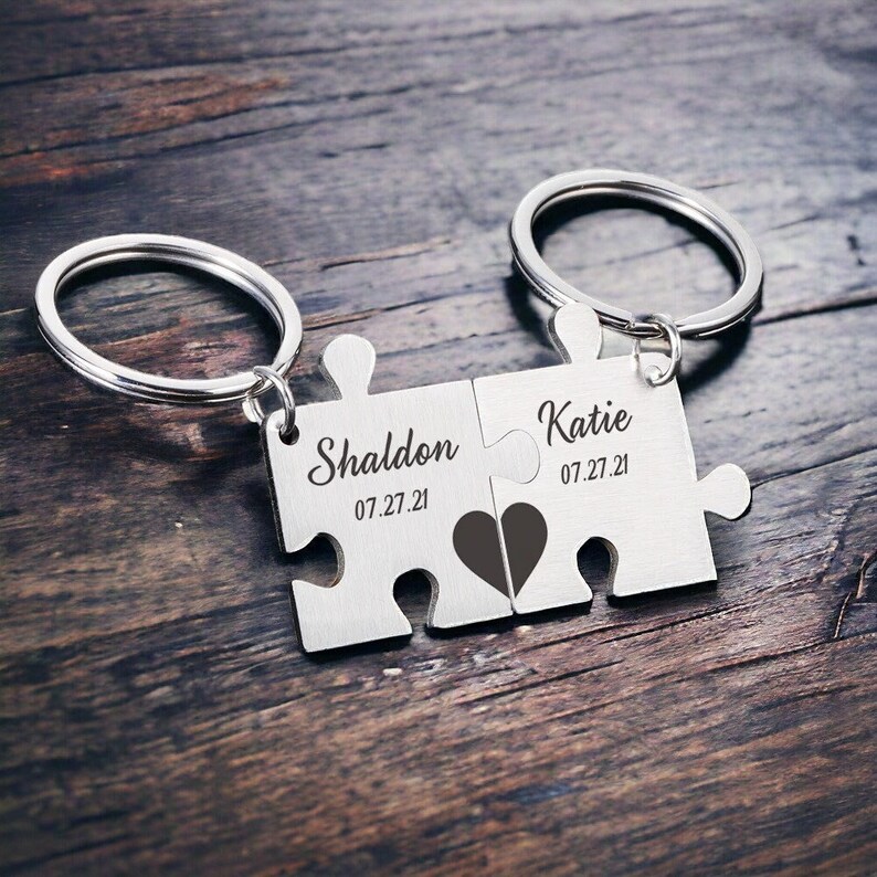 Personalized Puzzle Piece Keychain Set, Custom Nam & Date Puzzle Couple