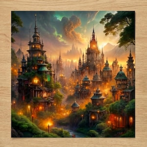 May include: A digital art print depicting a fantasy city with ornate buildings, spires, and glowing lights. The artwork features a warm color palette of oranges, yellows, and greens, with a dramatic sky and mountainous backdrop. The overall theme is a mystical cityscape.
