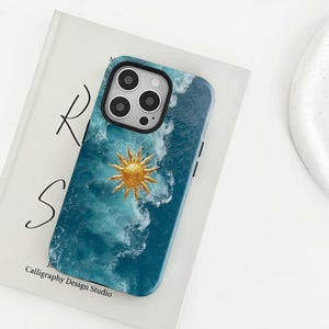 Golden Sun and Ocean Phone Case,Ocean Waves Energy Design Art,Cover iPhone 17 16 15 14 13 12 Pro Max, Samsung S25 S24 S23 S22 Ultra