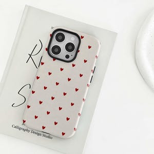Cream Red Heart Phone Case, Minimal Tiny Heart Pattern Coquette Preppy Cover iPhone 17 16 15 14 13 12 Pro Max, Samsung S25 S24 S23 S22 Ultra