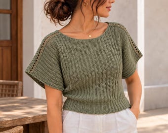 Olive Eyelet Knitting Top Pattern: Saddle Shoulder Summer Tee (PDF Download)