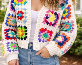 Granny Square Crochet Cardigan Pattern, Rainbow Boho Jacket, PDF Download
