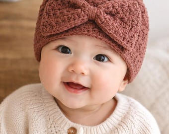 Mönster för virkad turbanmössa med rosett för baby, nyfödd till småbarn (PDF-mönster)