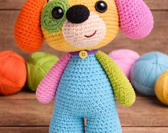 Virkmönster för lapptäckevalp, färgglad amigurumihund (PDF-nedladdning)