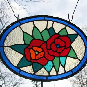 Oval Leaded Stained Glass Window Panel: Red Roses, Metal Frame