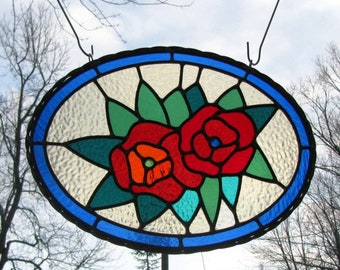 Handcrafted Oval Leaded Stained Glass Window Panel with Red Roses - Vibrant Colors and Captivating Design