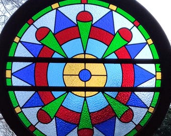 Vintage Stained Glass Panel in Antique Window Frame - Handcrafted 1998