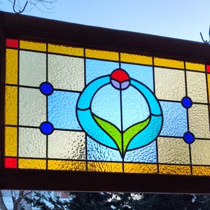 Leaded Stained Glass Transom: Rustic Window Frame, Tulip Design