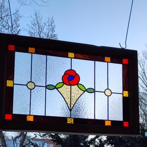 Victorian Stained Glass Transom Window with Red Rose - Antique Wood Frame