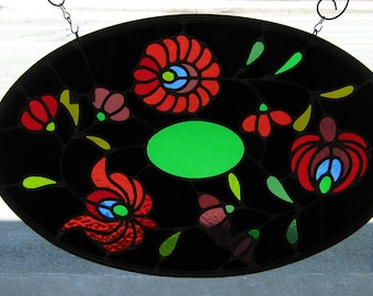 Vintage Oval Leaded Stained Glass Flower Window Panel - Colorful Medieval Roses Design