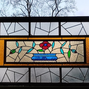 Vintage Leaded Stained Glass Panel in Antique Frame*52 x 27 inch.*Handcrafted 1998.