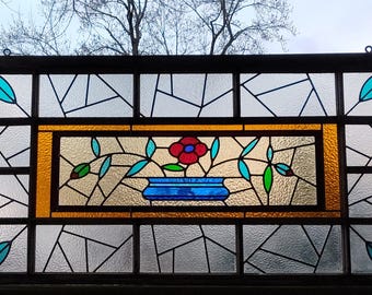 Vintage Leaded Stained Glass Panel in Antique Frame*52 x 27 inch.*Handcrafted 1998.