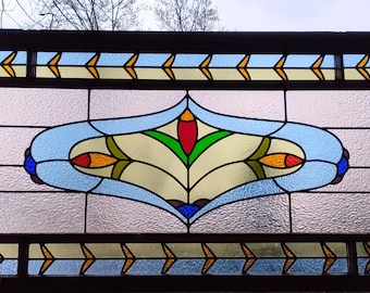 Vintage Stained Glass Window Panel in Distressed Frame (50 x 26 inch)