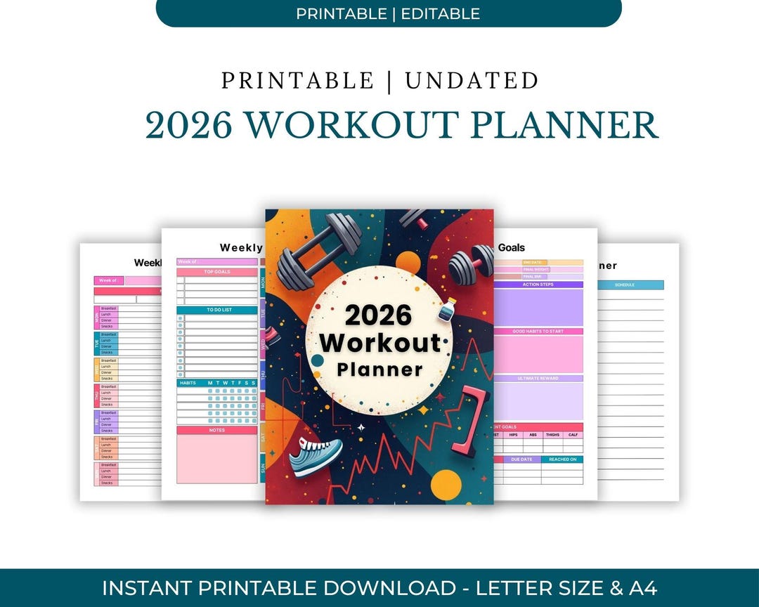 2026 Workout Planner Printable | Fitness Journal Tracker Gym Log Book Exercise Goals Health ...