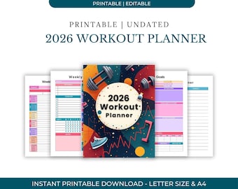 2026 Workout Planner Printable | Fitness Tracker, Gym Log (Digital Download PDF Template