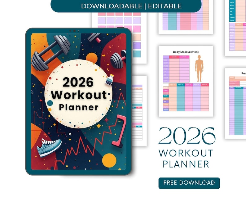 2026 Workout Planner Printable | Fitness Journal Tracker Gym Log Book ...