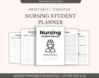 May include: A white Nursing Student Planner with a black outline of a nurse on the cover. The planner includes pages for course materials, to-do lists, and motivation. The text "PRINTABLE | UNDATED" and "INSTANT PRINTABLE DOWNLOAD - LETTER SIZE & A4" are also visible.