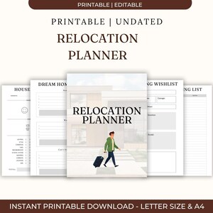 Könnte beinhalten: Ein druckbarer und bearbeitbarer Umzugsplaner mit dem Text "RELOCATION PLANNER" auf dem Cover. Der Planer enthält Seiten für die Haussuche, einen Traumhausbereich und eine Umzugs-Wunschliste. Der Text "INSTANT PRINTABLE DOWNLOAD - LETTER SIZE & A4" ist ebenfalls enthalten.