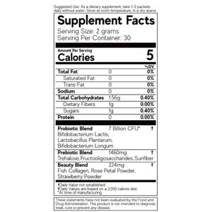 Puede incluir: Una etiqueta blanca y negra de datos de suplementos que detalla la informaci&oacute;n nutricional. La etiqueta enumera el tama&ntilde;o de la porci&oacute;n, las calor&iacute;as y las cantidades de grasa total, carbohidratos y prote&iacute;nas. Tambi&eacute;n incluye una mezcla probi&oacute;tica y de belleza.