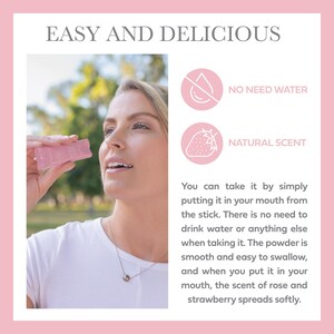 Puede incluir: Una mujer sostiene un producto rectangular rosa. El texto de la imagen dice "EASY AND DELICIOUS", "NO NEED WATER" y "NATURAL SCENT". El producto se describe como con aroma a rosa y fresa.