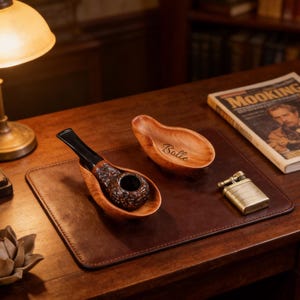 May include: A wooden pipe and ashtray set with a lighter on a brown leather desk mat. The pipe is dark brown with a black stem, and the ashtray is light brown with the name "Bollie" engraved on it.