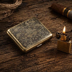 Vintage Brass Engraved Cigarette Case, Antique Floral Scroll Metal Pocket Box, Retro Style Tobacco Holder, Gift for Him, Father’s Day
