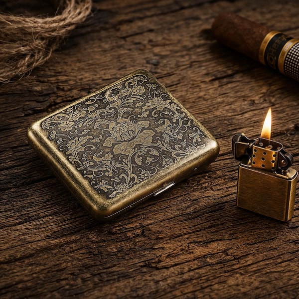 Vintage Brass Engraved Cigarette Case, Antique Floral Scroll Metal Pocket Box, Retro Style Tobacco Holder, Gift for Him, Father’s Day