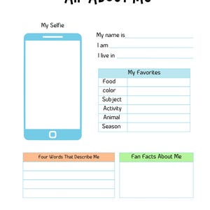 Pode incluir: Uma folha branca intitulada "All About Me" com seções para informações pessoais. Inclui um gráfico de smartphone azul claro, espaços para "My name is", "I am" e "I live in". Também apresenta seções para favoritos e fatos divertidos.