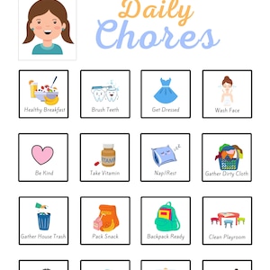 Peut inclure: Un tableau de tâches quotidiennes pour enfants avec des illustrations d'activités telles que se brosser les dents, s'habiller et faire ses devoirs. Le tableau est pour un enfant nommé Sidney et comprend les mots "Daily Chores".